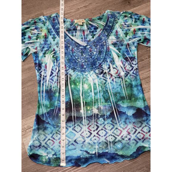 One World Live & Let Live Tie Dye Multi Color Short Sleeve V Neck Blouse Shirt - Picture 6 of 7